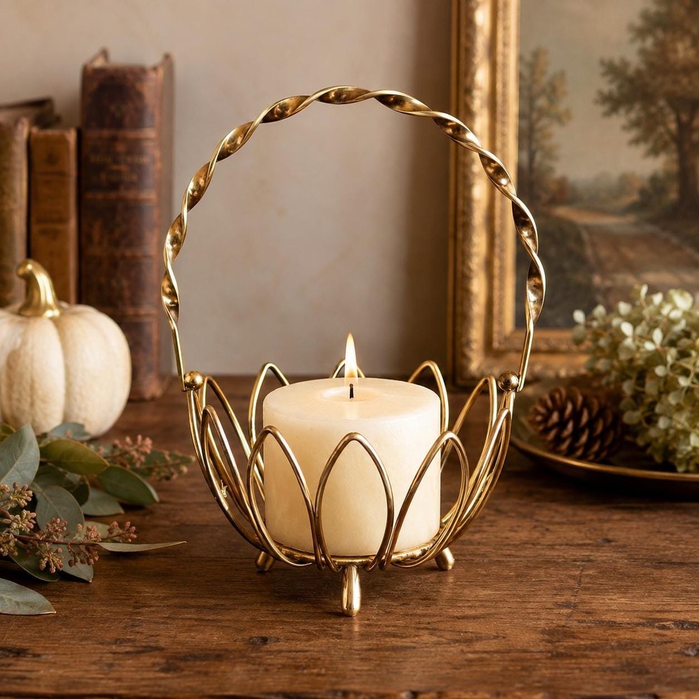 Gold Tone Lotus Metal Candle Holder Basket Twisted Handle Small Pillar Candle